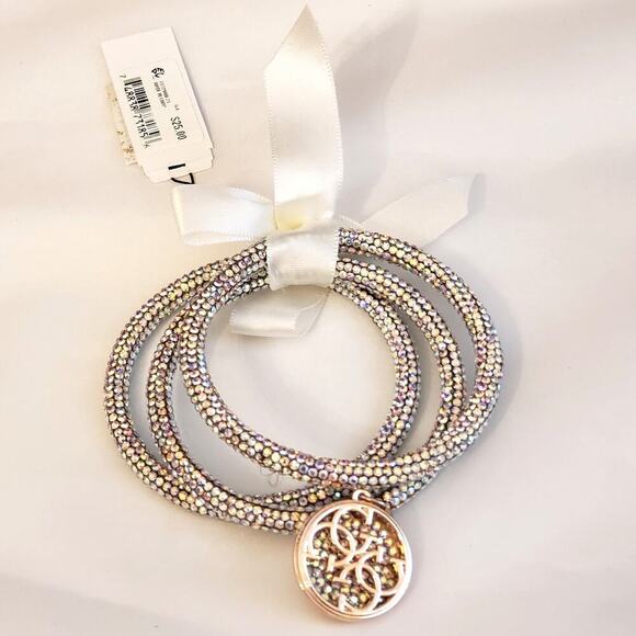 GUESS Silver & Rose Gold Tone Set of 3 Sparkle Bangles with Logo Charm - Picture 1 of 6